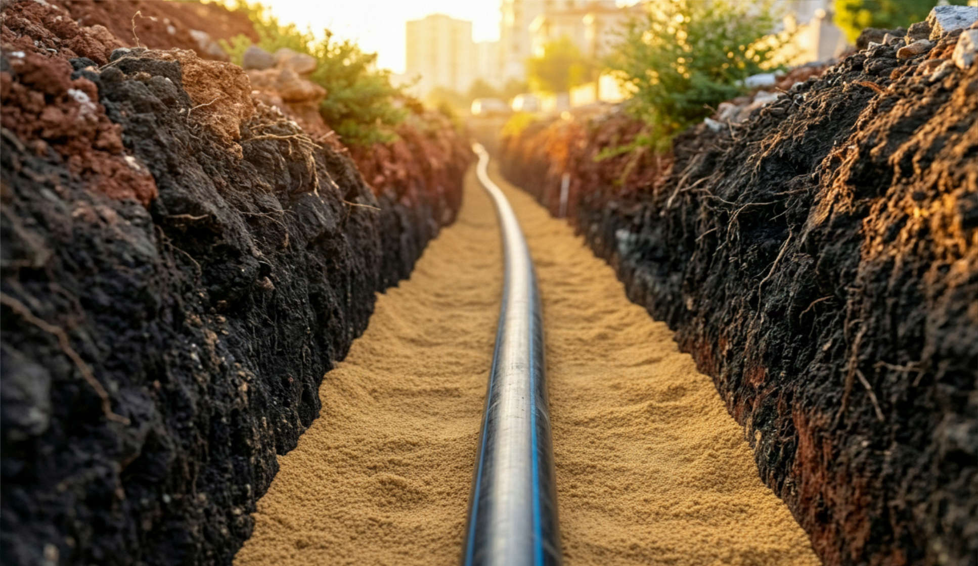 Sieć wodociągowa w trakcie budowy z rur PE-HD SDR11 i SDR17